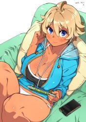 1girls 2013 black_tank_top blonde_hair blue_eyes blue_jacket breasts couch dark-skinned_female dark_skin earbuds female female_only handheld_console handheld_game_console headphones jacket large_breasts looking_at_viewer no_pants open_jacket original panties phone pillow playing_games playing_videogame playstation playstation_vita rafaela_(sela_god) sela_god short_hair sitting_on_couch solo tank_top white_panties