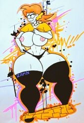 female hourglass_figure hyper hyper_ass hyper_breasts hyper_thighs jaune_(spooky_month) nutboiart8008 pants_down shirt_lift spooky_month thick_thighs thighhighs thin_waist traditional_media_(artwork) zamn!