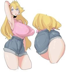 1girls armpits ass big_ass big_breasts big_lips blonde_hair blue_eyes blue_shorts bottomwear breasts crown denim denim_bottomwear denim_clothing denim_shorts female female_only hair headwear huge_breasts jean_shorts jorts leebongchun lips mario_(series) nintendo one_arm_up pink_tank_top princess_peach shorts solo solo_female tank_top thick_lips thighs topwear