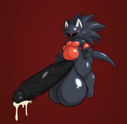 1_eye anthro balls big_balls big_penis black_sclera bodily_fluids cum genital_fluids genitals hi_res huge_balls huge_cock hyper hyper_balls hyper_genitalia hyper_penis leaking_cum male penile_spines penis red_background simple_background solo spinycatto spinycatto_(character) unknown_character unknown_species vein veiny_penis wide_hips