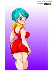 1girls ass_in_dress blue_eyes blue_hair bulma bulma_briefs color colored digital-pixel dragon_ball dragon_ball_z dress_inside_ass edit edited female female_only fully_clothed funsexydragonball red_dress red_lipstick solo tagme