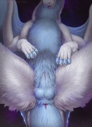 alli_(alli) anus artist_name balls blue_balls blue_body blue_fur blue_tail blue_wings closed_smile dragon feral front_view fur furred_dragon genitals hi_res himeragoldtail male membrane_(anatomy) membranous_wings mouth_closed multicolored_body multicolored_fur pawpads penis penis_tip pink_pawpads pink_penis presenting presenting_sheath simple_background solo spread_legs spreading two_tone_body two_tone_fur white_body white_fur wings