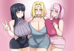 3girls belt big_breasts blonde_hair blush bottom_lip bottomwear breasts brown_eyes cleavage dress female female_only forehead_jewel green_eyes hair hands_on_hips hips huge_breasts hyuuga_hinata large_breasts leebongchun lips mature mature_female mature_woman milf mother multiple_milfs naruto naruto_(series) naruto_shippuden neckwear peace_sign pink_hair pink_topwear purple_eyes purple_hair purple_topwear ring sakura_haruno thighs topwear tsunade wedding_ring