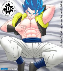 darkenside dragon_ball dragon_ball_super dragon_ball_z fully_clothed gogeta hand_behind_head male male_only muscles one_eye_closed solo solo_male son_goku spread_legs super_saiyan_blue vegeta