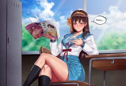 1girls breast_envy breasts brown_hair female grabbing_own_breast long_hair magazine onion_oni pashapencil small_breasts solo solo_female solo_focus suzumiya_haruhi suzumiya_haruhi_no_yuuutsu thought_bubble