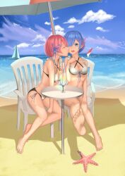 2girls beach bikini blue_eyes blue_hair boat breasts ccjn chair closed_eyes clouds drink feet hair_over_one_eye kissing kissing_cheek looking_at_viewer maid maid_bikini maid_swimsuit medium_breasts midriff ocean outside pink_hair ram_(re:zero) re:zero_kara_hajimeru_isekai_seikatsu rem_(re:zero) short_hair sisters sitting_on_chair sky starfish swimsuit table twins umbrella water yuri