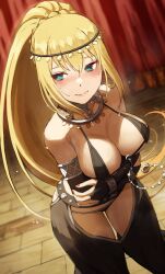 1girls bare_shoulders bikini black_bikini blonde_hair blue_eyes blush bracelet breasts bridal_gauntlets circlet cleavage closed_mouth collarbone commission curtains darkness_(konosuba) embarrassed fagi_(kakikaki) highres indoors jewelry kono_subarashii_sekai_ni_shukufuku_wo! large_breasts long_hair looking_away looking_to_the_side nail_polish necklace ponytail red_nails skeb_commission solo swimsuit very_long_hair wooden_floor