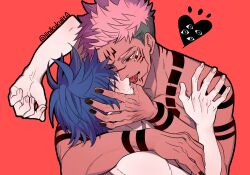 2boys finger_in_mouth french_kiss fushiguro_megumi hugging iinikukuiita jujutsu_kaisen kissing male_only nude pink_hair red_eyes ryoumen_sukuna_(jujutsu_kaisen) saliva size_difference tattoo tongue tongue_kiss tongue_out yaoi