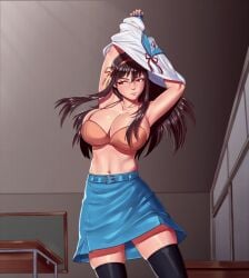 1girls bra breast_expansion brown_hair bursting_breasts cleavage female female_focus growth huge_breasts long_hair onion_oni pashapencil solo solo_female solo_focus stripping suzumiya_haruhi suzumiya_haruhi_no_yuuutsu thighhighs