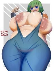 1girls artist_logo breasts breasts_bigger_than_head bursting_breasts camel_toe cameltoe chubby enormous_breasts female foo_fighters green_hair huge_breasts hyper hyper_breasts jojo's_bizarre_adventure light-skinned_female light_skin looking_at_viewer massive_breasts nananana short_hair shounen_jump stone_ocean tagme thick_thighs