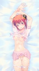 after_sex alternate_costume alternate_version_available arms_up bare_midriff blue_eyes blush bun_cover crop_top cum cum_in_pussy cum_inside cum_on_body cum_on_breasts double_bun female female_only ginkamiaki gintama hair_ornament hairless_pussy kagura_(gintama) looking_at_viewer miniskirt no_bra on_back orange_hair panties panties_down pleated_skirt school_uniform see-through_clothing serafuku shaved_pussy shirt_up small_breasts solo sweat tears uncensored white_panties