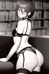 1girls ai_generated alter_ego blush books bookshelf braid choker couch elbow_gloves es_(alter_ego) female_only garter_straps greyscale library lingerie nai_diffusion solo_female stable_diffusion thighhighs