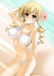 10s beach bikini blonde_hair breasts drill_hair female female_only flower hair_flower hair_ornament highres human large_breasts long_hair mahou_shoujo_madoka_magica oda_ken'ichi solo swimsuit tomoe_mami twin_drills white_bikini yellow_eyes young younger_female