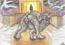 2014 anus ass background_character backlighting balls canid canid_demon claws clenched_teeth clitoris colored_pencil_(artwork) demon detailed_background digitigrade dirty-wolf eye_contact female female_penetrated feral feral_on_feral feral_penetrated feral_penetrating feral_penetrating_feral fog from_behind_position genitals ghostbusters gozer gozer_(ghostbusters) grey_body grey_skin group hairless humanoid knot light lighting lightning looking_at_another looking_at_partner male male/female male_penetrating male_penetrating_female mammal mounting open_mouth outside paws penetration penile penile_penetration penis penis_in_pussy perineum purple_gums purple_penis purple_pussy purple_tongue pussy quadruped raised_tail rear_view red_eyes rooftop sex sharp_claws sharp_teeth silhouette spikes spikes_(anatomy) teeth terror_dog tongue traditional_media_(artwork) trio vaginal_penetration vinz_clortho_(ghostbusters) zuul_(ghostbusters)