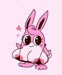 areolae big_breasts big_eyes bra breasts errorplush furry huge_breasts looking_at_viewer pink_fur pokemon rabbit_ears rabbit_tail shortstack smile waving wigglytuff