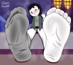 1girls barefoot bed bedroom black_hair blush blushing blushing_at_viewer exhausted feet foot_fetish foot_focus hiveswap homestuck joey_claire short_hair socks soles solo ssunsalm steam steamy steamy_feet sweat tired toes