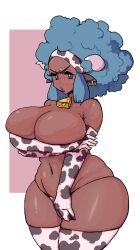 1girls afro big_breasts big_hair bikini bikini_bottom bikini_top blue_eyes blue_hair blush blush_lines blushing bottomwear braless breast_hold breasts cleavage covering_breasts covering_crotch cow_bell cow_ears cow_girl cow_horns cow_print cow_print_armwear cow_print_bikini cow_print_gloves cow_print_thighhighs cow_tag cowbell cowkini dark-skinned_female dark_skin embarrassed female female_only game_freak hair hairband headband horns huge_breasts kinky_hair large_breasts leebongchun lenora_(pokemon) lips lipstick mature mature_female mature_woman milf mob_face mother navel neckwear pokemon pokemon_bw red_lips red_lipstick sleeves solo solo_female swimsuit swimwear teal_hair thick_thighs thighhighs thighs topwear white_background