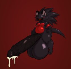 1_eye anthro balls big_balls big_penis black_sclera bodily_fluids cum genital_fluids genitals hi_res huge_balls huge_cock hyper hyper_balls hyper_genitalia hyper_penis leaking_cum male penile_spines penis red_background simple_background solo spinycatto spinycatto_(character) unknown_character unknown_species vein veiny_penis wide_hips