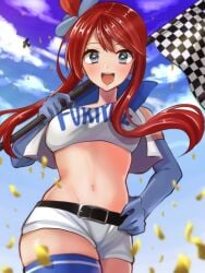 1girls airplane belt blue_eyes breasts checkered_flag clouds crop_top flag gloves holding_flag large_breasts looking_at_viewer midriff navel nintendo outside pokemon pokemon_bw2 race_queen red_hair sawayaka_minami short_hair short_hair_with_long_locks short_shorts shorts sky skyla_(pokemon) thighhighs vest white_crop_top white_shorts