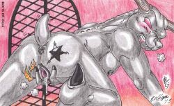 666 2015 after_sex all_fours anthro anus areola ass athletic athletic_anthro athletic_female blush bodily_fluids breasts breath_cloud butt_tattoo canid canid_demon clenched_teeth colored_pencil_(artwork) cum cum_drip cum_from_pussy cum_in_pussy cum_inside demon dripping drooling ek_goya eyelashes fangs female fire forward_arm_support gaping gaping_pussy genital_fluids genitals ghostbusters grey_body grey_skin hairless heel_spike horn iconography kneeling leaking_cum looking_at_viewer looking_back mammal medium_breasts nipples presenting presenting_anus presenting_hindquarters presenting_pussy pussy raised_tail red_eyes saliva simple_background solo spikes spikes_(anatomy) spread_legs spread_pussy spreading star_tattoo tail tattoo teeth terror_dog traditional_media_(artwork)