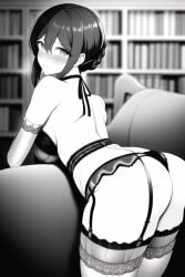 1girls ai_generated alter_ego bent_over blush books bookshelf braid choker couch elbow_gloves es_(alter_ego) female_only garter_straps greyscale library lingerie nai_diffusion solo_female stable_diffusion thighhighs