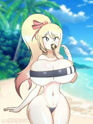 beach black_eyes blonde_hair blush breasts cleavage cookie eating gris_swimsuit hi_res huge_breasts large_ass large_breasts long_hair luxy_(thegxjudgement) multicolored_hair navel ponytail see-through_swimsuit thegxjudgement thick_thighs wide_hips