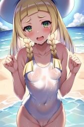 1girls 6_fingers ai_generated beach begging begging_pose blonde_hair blush braid breasts clothed covered_navel drooling embarrassed female female_only french_braid green_eyes hat human innie_pussy lillie_(pokemon) long_hair looking_at_viewer nai_diffusion navel nintendo ocean open_mouth outdoors partially_visible_vulva pokemon pokemon_sm see-through small_breasts solo stable_diffusion standing sweat swimsuit tight_clothing tight_fit tight_pussy transparent_clothing water wet wet_body wet_clothes wet_skin white_hat white_swimsuit