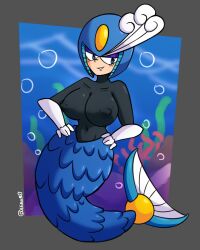 1girls blue_eyes breasts latex lenoxmst mega_man mega_man(classic) mega_man_9 mermaid_tail robot see-through_clothing splash_woman underwear