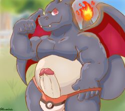 2020 absurd_res anthro bulge charizard clothing cute_fangs eeveecholo erection generation_1_pokemon genitals hi_res humanoid_genitalia humanoid_hands humanoid_penis male musclegut nintendo penis pokémon_(species) pokemon pokemon_(species) solo underwear video_games