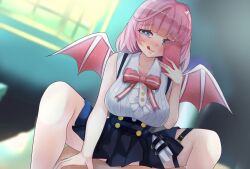 1boy absurdres black_skirt blue_eyes blurry blurry_background blush breasts cellphone demon_girl feet_out_of_frame female heart heart-shaped_pupils highres indie_virtual_youtuber indoors kanola_u_(vtuber) large_breasts licking_lips medium_hair phone pink_hair ryuhei0515teri sex shirt skirt sleeveless sleeveless_shirt straddling straight sweat symbol-shaped_pupils thigh_strap tongue tongue_out virtual_youtuber white_shirt