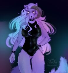 anthro artechka big_breasts bodysuit breasts female five_nights_at_freddy's five_nights_at_freddy's:_security_breach furry gray_body gray_hair green_hair latex latex_bodysuit presenting roxanne_wolf_(fnaf) scottgames wolf yellow_eyes