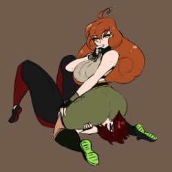 2girls ahoge curly_hair facesitting female_only finger_to_mouth freckles ginger green_eyes hourglass_figure huge_ass huge_breasts jakearmorsmith lidded_eyes long_hair multiple_girls orange_hair penny_polendina red_hair ruby_rose rwby silver_eyes smile thin_waist wasp_waist wide_hips yoga_pants yuri