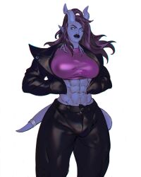 1futa abs absurd_res big_breasts black_lipstick blizzard_entertainment blue_eyes blue_skin breasts brown_hair bulge casual clothed clothing draenei draenei_futa empty_eyes flaccid fully_clothed futa_only futanari hands_in_pockets horns humanoid jacket leather_jacket long_hair looking_at_viewer lunalae mihaildava muscular muscular_futanari narrowed_eyes pants penis_bulge pointy_ears solo standing tail tank_top unamused warcraft white_background world_of_warcraft