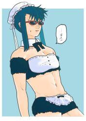 alternate_costume alternate_version_available ambush_(trap) bare_midriff bare_shoulders blue_background blue_hair blue_theme blush bonnet bowtie bun_cover crossdressing detached_collar embarrassed gintama kawakami_bansai maid maid_uniform male male_only neck_ribbon pubic_hair_peek red-framed_glasses sahara_(pixiv) short_sleeves shorts sidelocks solo speech_bubble sunglasses sweatdrop teal_hair tinted_eyewear tubetop