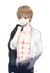 abs after_sex bite_mark bite_marks brown_hair duoj gintama hickey hickey_marks jacket_removed licking_lips light_brown_hair male male_only okita_sougo open_shirt pale-skinned_male pale_skin police_officer police_uniform red_eyes shinsengumi_(gintama) sleeves_rolled_up solo toned toned_male unbuttoned_shirt uniform