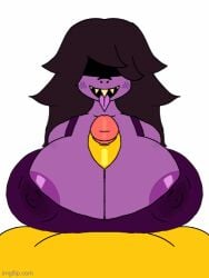 1girls alternate_breast_size animated animated_gif areola_slip beat_banger bra deltarune female female_focus giver_pov huge_breasts huge_cock kris_(deltarune) paizuri pov purple_skin susie_(deltarune) susielover12_(artist) titjob tongue_out toriel_beat_banger undertale_(series) wet_nipples yellow_skin yellow_teeth