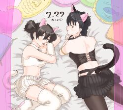 2girls alternate_costume armlet bare_midriff black_fur black_hair black_legwear bustier canon_genderswap cat_ears cat_tail catgirl choker corset crop_top female female_only garter_straps genderswap_(mtf) gintama hi_res kawakami_bansai looking_at_viewer looking_back on_bed on_side on_stomach pale-skinned_female pale_skin pantyhose paw_shoes paws pleated_skirt punk rule_63 sahara_(pixiv) short_hair shorts sleeveless smile thighhighs twintails white_fur white_thighhighs yamazaki_sagaru yamazaki_shisako yellow_eyes