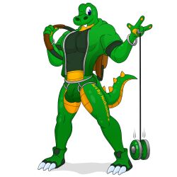 anthro backpack balls balls_outline bracelet briefs bulge claws clothing croc crocodile crocodilian crocodylid fangs genital_outline genitals hoodie jewelry male notkastar pecs penis penis_outline playing reptile scalie shirt solo tail topwear underwear video_games yo-yo