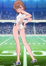 1girl 1girls 2020 2020s adjusting_bottomwear adjusting_clothes adjusting_shorts american_football anime anti-heroine ass athletic athletic_female audience bangs bare_arms bare_shoulders bedroom_eyes blouse blush blushing breasts brown_eyes brown_hair brunette butt clothes_pull crowd embarrassed eyebrows_visible_through_hair female football_field full_body gym_uniform hair_flower hair_ornament hi_res kneepits light-skinned_female light_skin looking_at_viewer looking_back manga matching_hair/eyes medium_breasts misaka_mikoto nashdnash2007 nervous no_panties no_socks outdoors photo_background public rear_view shiny_ass shiny_hair shiny_skin shirt shoes short_hair short_hair_female shorts shorts_pull skinny small_breasts sneakers solo solo_female standing strong_tomboy_(spectrum) teenage_girl teenager to_aru_kagaku_no_railgun to_aru_majutsu_no_index tomboy twisted_neck two_tone_clothing two_tone_clothing_(redandwhite) two_tone_footwear two_tone_footwear_(blueandwhite) upshorts wedgie white_shirt white_shorts young