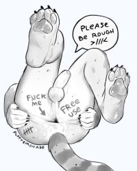 4_toes anthro anus ass balls bodily_fluids claws dickgirl emoticon english_text feet foreskin free_use furry genitals hi_res legs_up linah_(puppyemonade) pawpads paws penis puppyemonade speech_bubble spread_anus spread_butt spreading tally_marks text toes