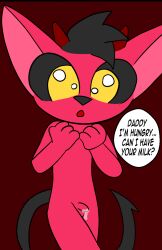 big_eyes black_hair bodily_fluids cum demon dragon genital_fluids hair hi_res imp red_body tail theyiff yellow_eyes young