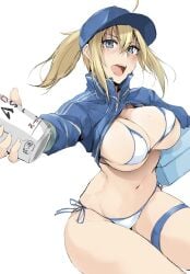 artoria_pendragon big_breasts bikini bikini_top blonde_female blonde_hair blush breasts fate/grand_order fate/zero fate_(series) hat looking_at_viewer mysterious_heroine_xx_(foreigner) open_mouth yellow_hair zekkyon