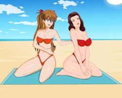 2girls anoneysnufftan applying_sunscreen asuka_langley_sohryu beach bikini bioshock bioshock_infinite blue_eyes brown_hair coppertone crossover eastern_and_western_character edasbild elizabeth_comstock embarrassed female female_only hand_on_back humiliation imminent_death killer_lotion kneeling lotion_bottle massage murder neon_genesis_evangelion ocean peril punishment rubbing sand seaside sitting sky snuff summer sunbathing swimsuit towel