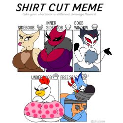 anthro anthro_only avian avian_humanoid bird bondage bound breasts breath_of_the_wild chest_fluff chicken covered_nipples demon female furry furry_only gag gagged heart helluva_boss inner_sideboob kass_(tloz) kass_(zelda) lady_winter_(plapjax) male meme nipple_bulge nipples nipples_visible_through_clothing owl owl_demon plapjax raspberry_(plapjax) shirt_cut_meme sideboob stolas_(helluva_boss) tape tape_bondage tape_gag taped_nipples the_legend_of_zelda tied_up tongue tongue_out