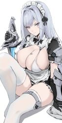 1girls big_breasts bikini black_panties blue_eyes bowtie bra breast_tattoo breasts cleavage dress elbow_gloves ethel_(xenoblade) female female_only gloves grey_bra grey_dress grey_skirt haoni highres large_breasts long_hair maid maid_apron maid_dress maid_headdress maid_outfit maid_uniform nintendo panties silver_hair skirt stockings thick_thighs thighhighs thighs very_long_hair weapon white_legwear white_stockings xenoblade_(series) xenoblade_chronicles_3