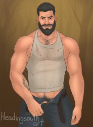 1boy beard beefy black_hair body_hair brown_eyes cocky daddy david_king dead_by_daylight facial_hair facial_scar fully_clothed hairy_male headingsouth human jeans male male_only male_pubic_hair manly muscles muscular_male open_pants solo tank_top tattoo tough_guy