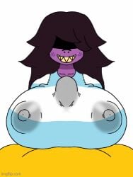 1boy 1boy1girl 1girls alternate_breast_size animated animated_gif beat_banger brown_hair deltarune female female_focus giver_pov huge_breasts huge_cock kris_(deltarune) long_hair paizuri pov purple_skin susie_(deltarune) susielover12_(artist) titjob toriel_beat_banger undertale_(series) wet_clothes wet_nipples yellow_skin yellow_teeth