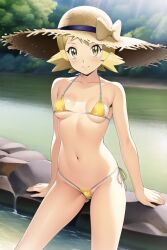 1girls ai_generated blonde_hair hat light-skinned_female light_skin micro_bikini nai_diffusion pokemon river short_hair stable_diffusion yellow_(pokemon) yellow_bikini yellow_eyes