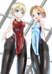 2futas big_penis blonde_hair blue_eyes blue_leotard breasts bulge clothed clothing darjeeling duo erection erection_under_clothes fully_clothed futa_only futa_sans_balls futanari girls_und_panzer human latex latex_legwear latex_suit leotard light-skinned_futanari light_skin low-angle_view orange_hair orange_pekoe pantyhose penis penis_hugging penis_under_clothes pulling_clothing red_leotard short_hair standing swimsuit zakkinman