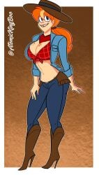 1girls atomickingboo blue_eyes boots breasts bust busty country_girl cowgirl digital_media_(artwork) female freckles hat high_heel_boots high_heels hips legs light-skinned_female light_skin lips lipstick long_hair lower_body orange_hair original original_character partially_clothed red_hair rudy_roundup thick thighs tooth_gap upper_body voluptuous western wide_hips wild_west